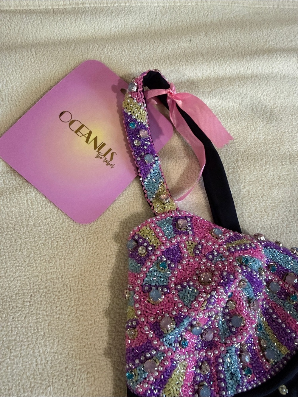 Oceanus goddess new Black One-Piece Swimsuit with Pink Beaded Starfish Accents - Picture 6 of 11